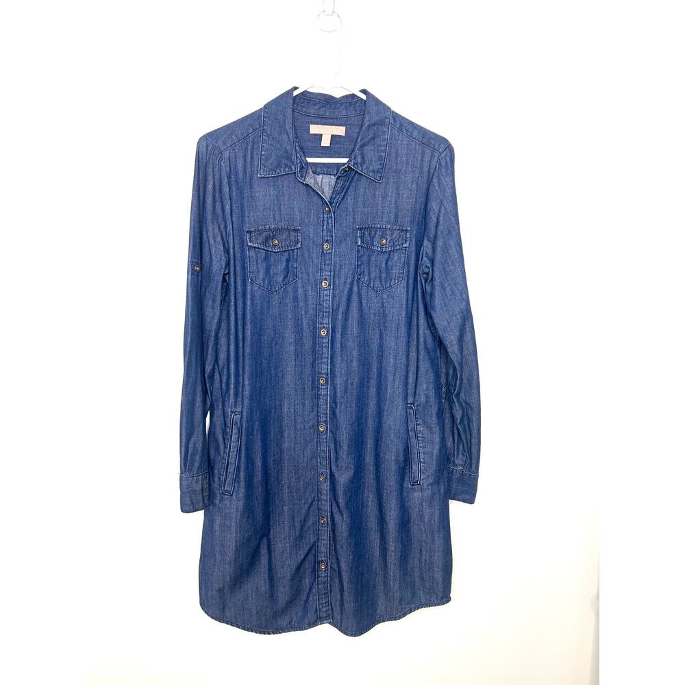 Banana Republic Chambray Shirt Dress Sz 6 Dk Wash Roll tab sleeve *No belt*